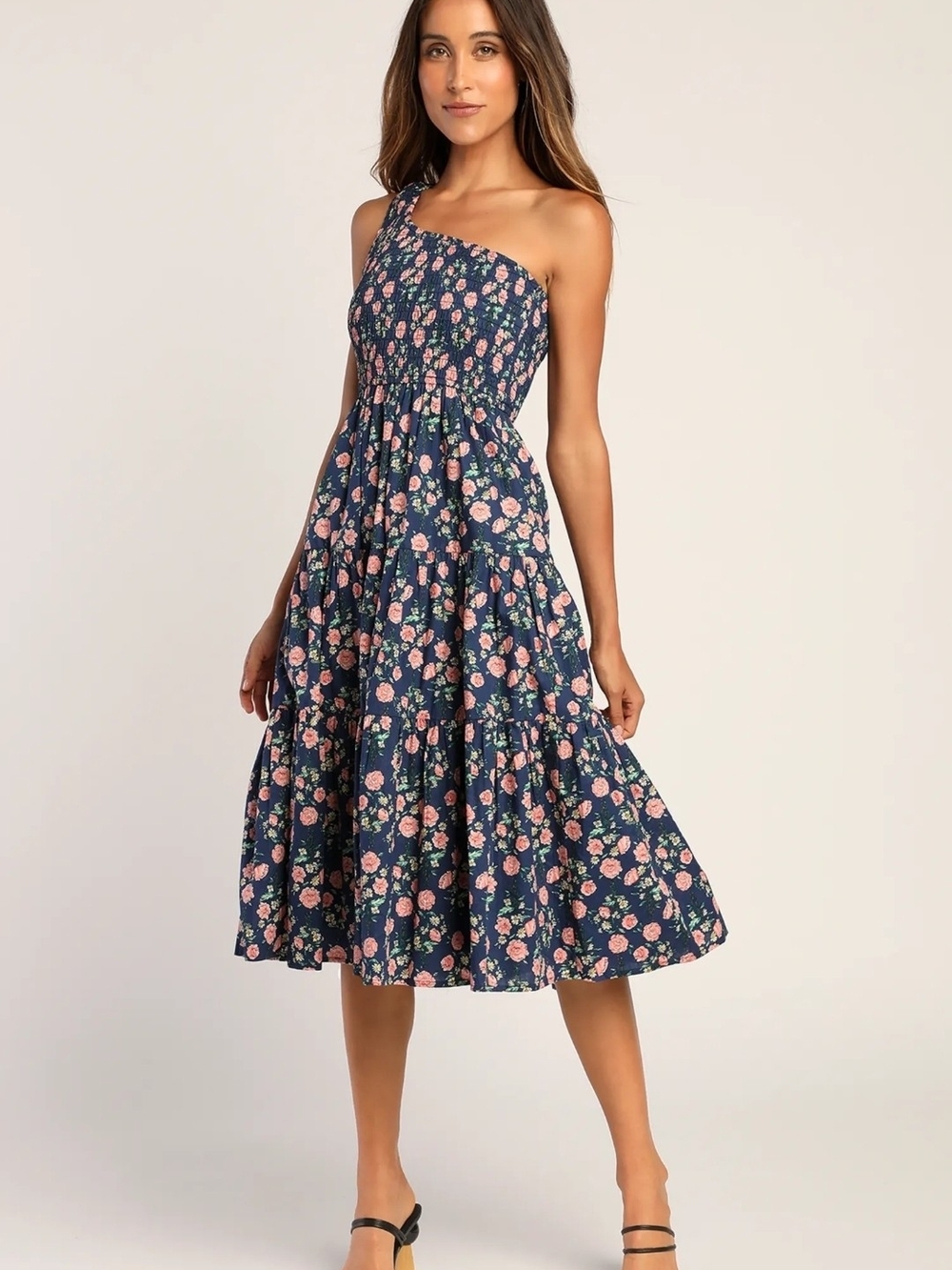 Lulu's Navy One-Shoulder Pink Floral Midi Dress